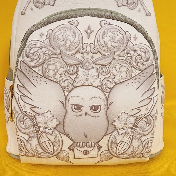 Loungefly Harry Potter Hedwig Owl Ornamental White Grey Embossed Mini Backpack - Picture 2 of 10